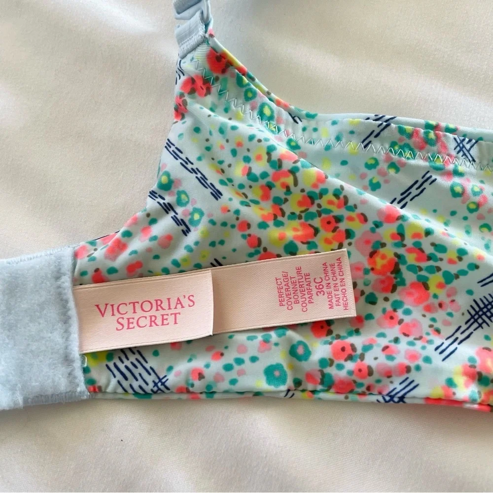 Victoria’s Secret Women’s Perfect Coverage Floral Print Bra Blue and Pink 36C